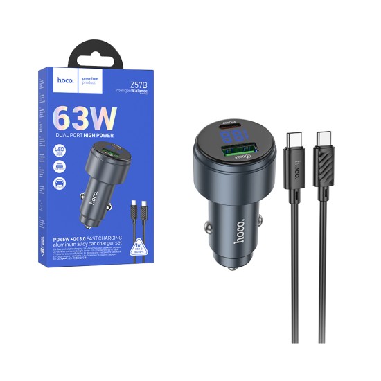 Hoco Car Charger Z57B Glorious 2 Port USB+Type-C 63W with Type-C to Type-C 1M Metal Gray